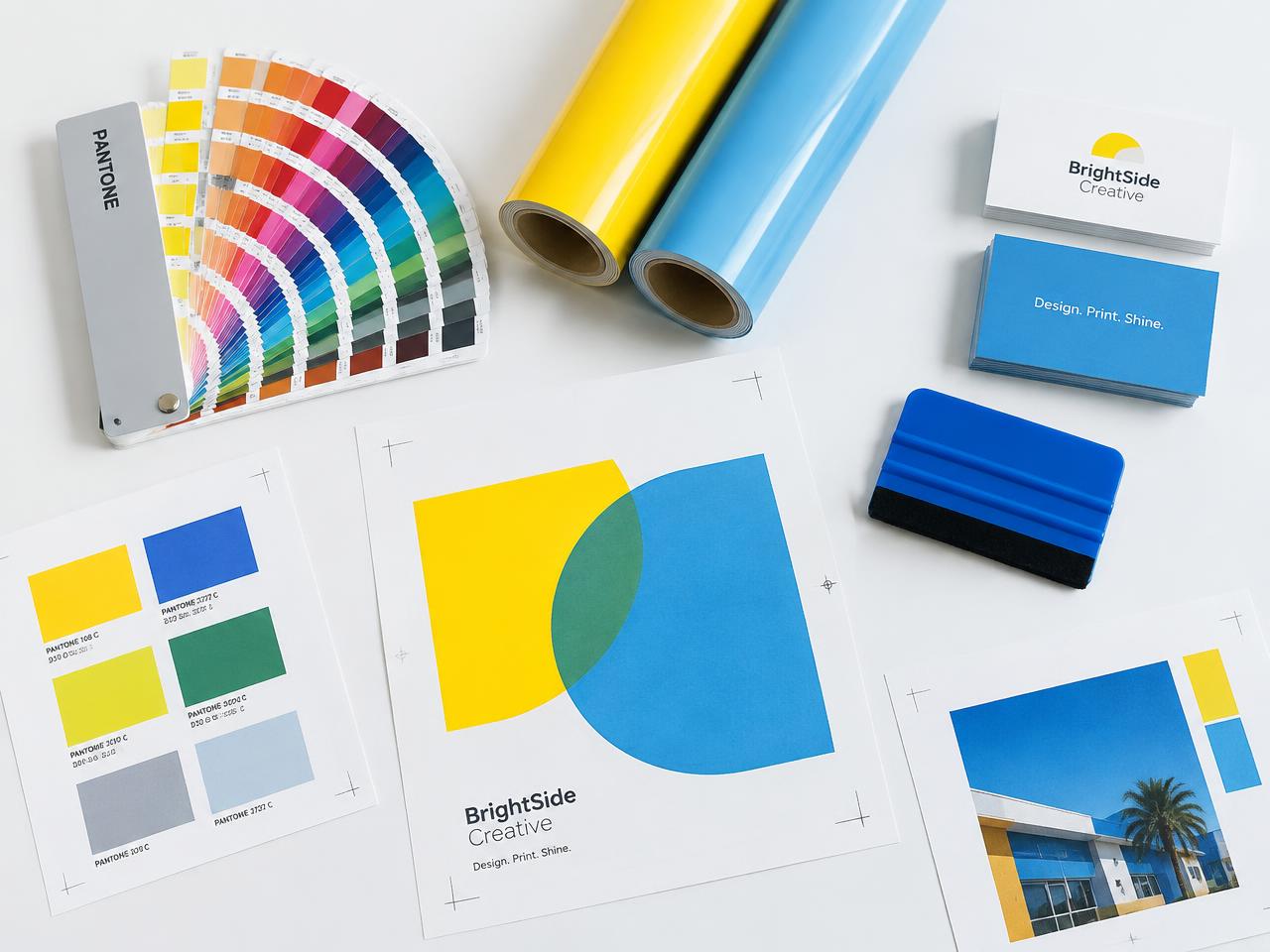Muestrario de colores, rollos de vinil y pruebas de impresión